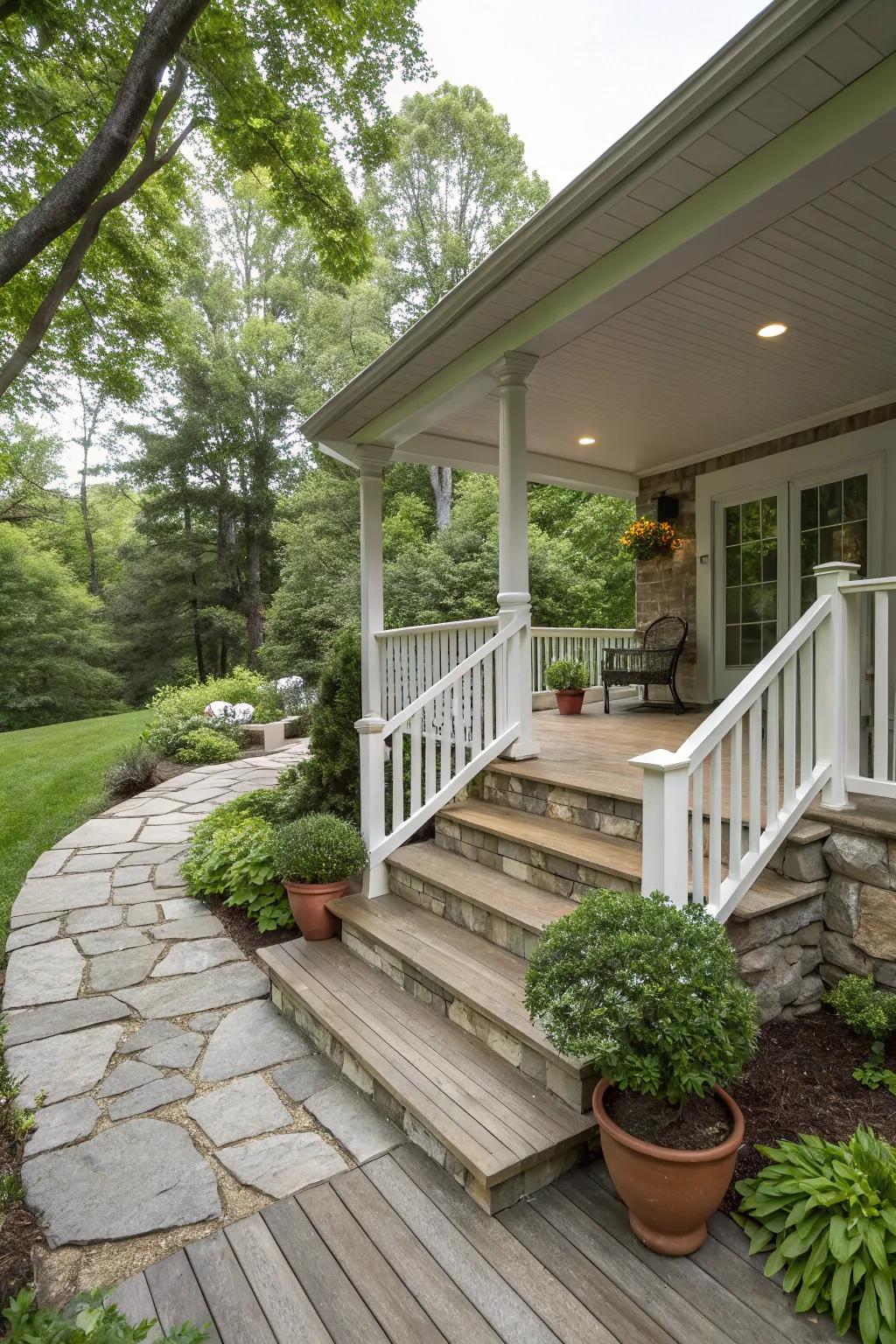 An organic porch featuring earthy materials for a harmonious appearance.