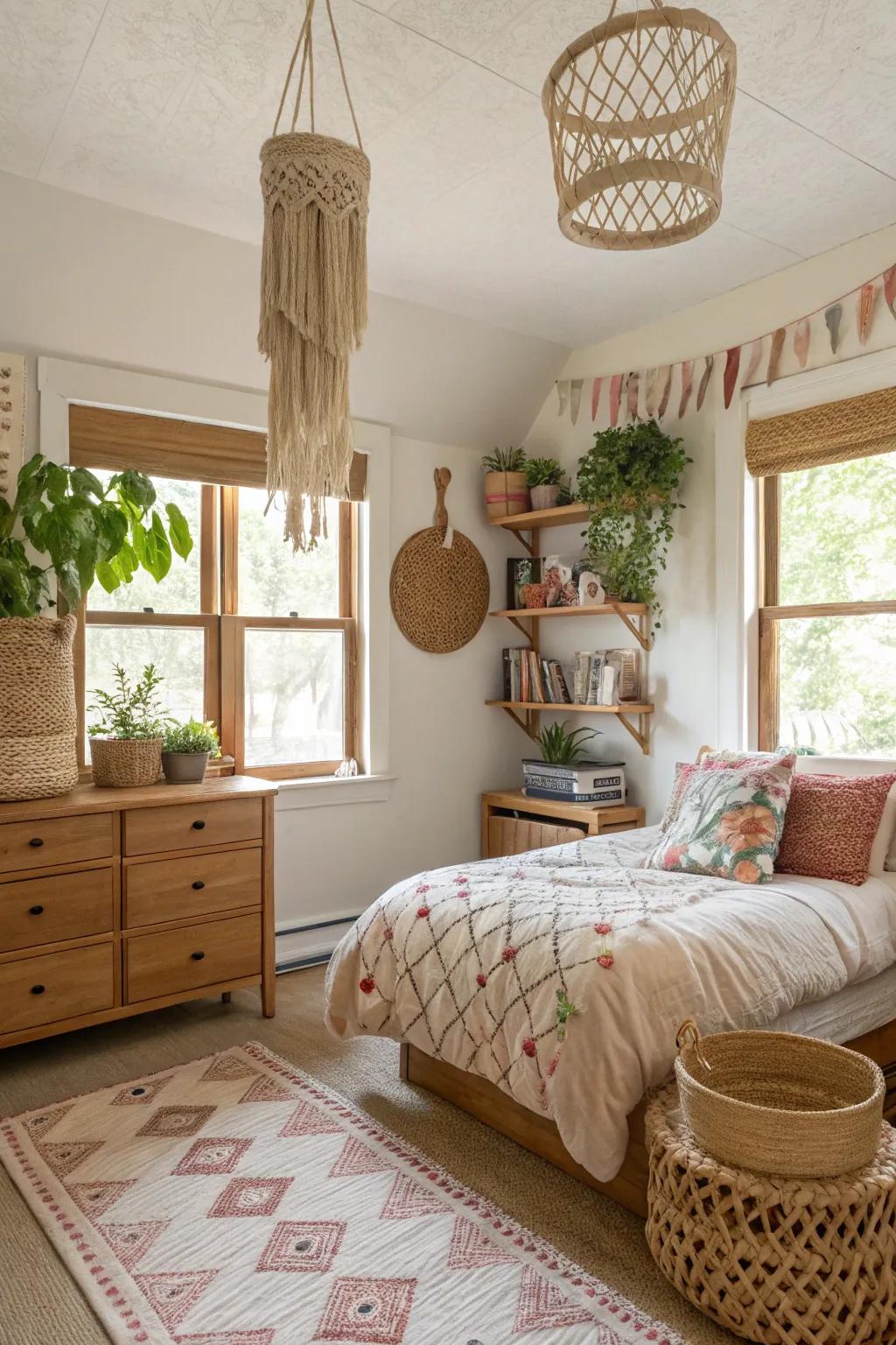 Eclectic touches fill the room with an artistic vibe.
