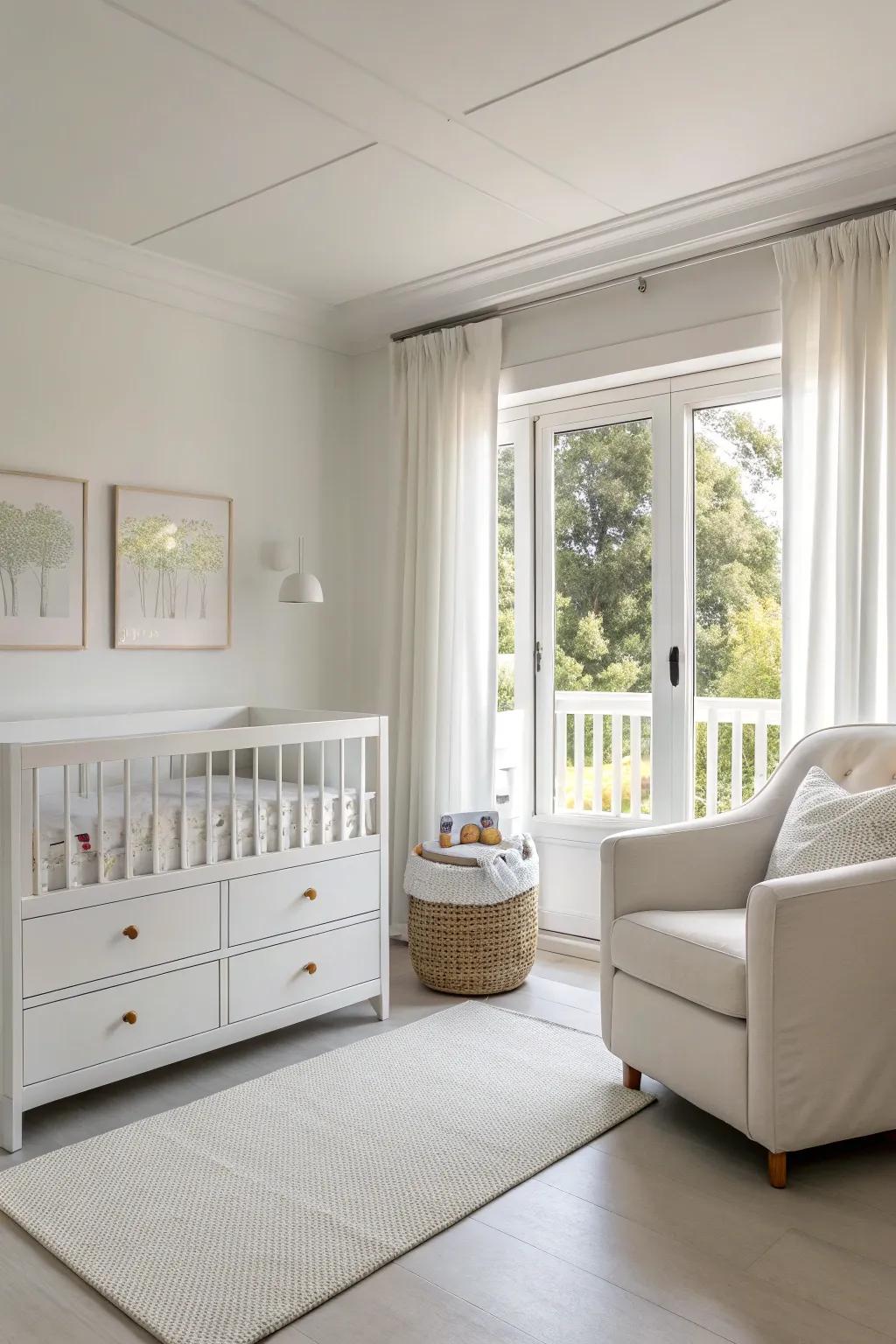 Minimalist furniture highlights the serene ambiance of a white nursery.