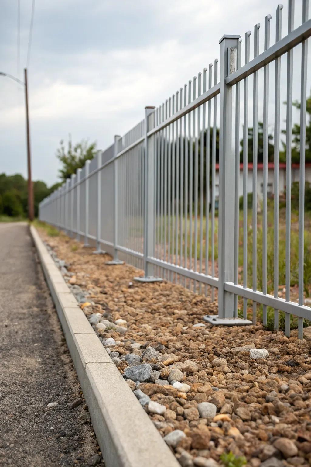 Gravel beds highlight the elegance of an aluminum fence.