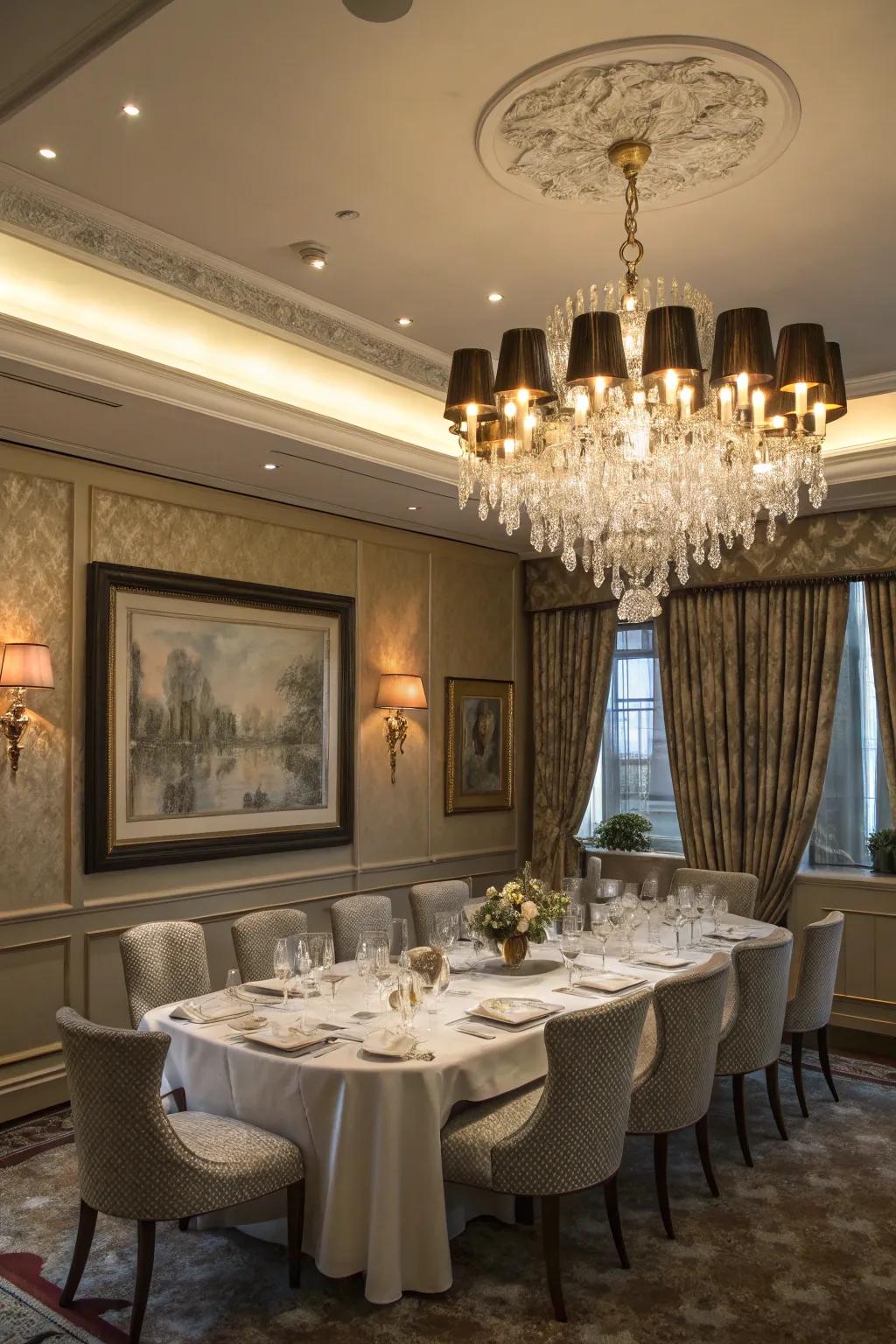 An elegant overhead light serving as a center point in a colonial dining space.