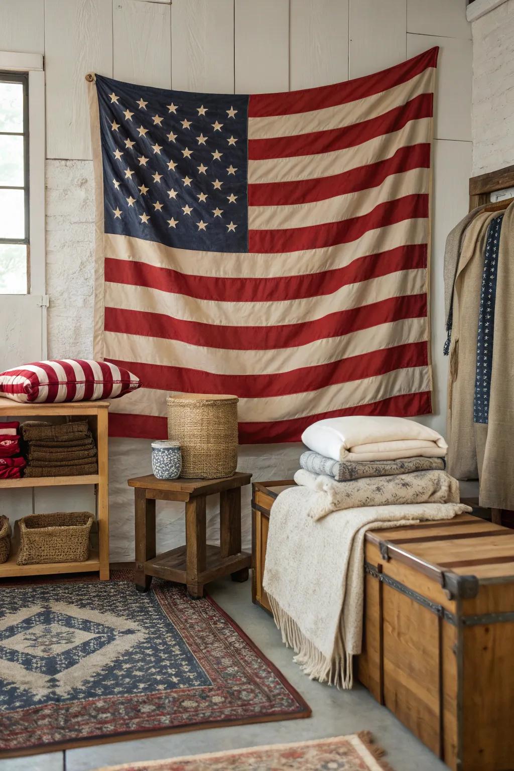 Varied textures alongside a flag contribute depth to this space.