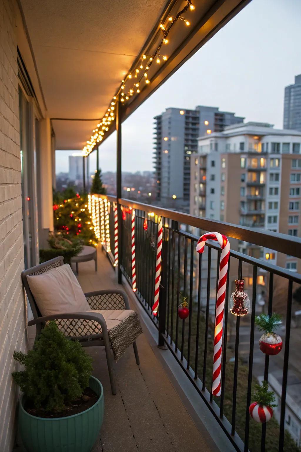 Themed illumination contributes a playful seasonal vibe to this balcony.