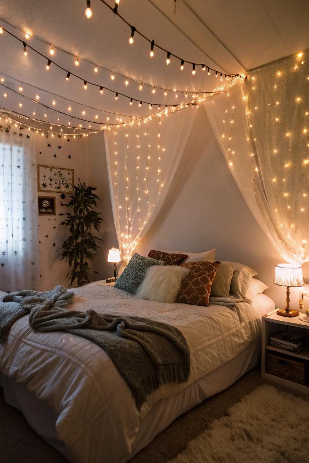 A bedroom decorated with whimsical fairy lights, adding to the dreamy ambiance.