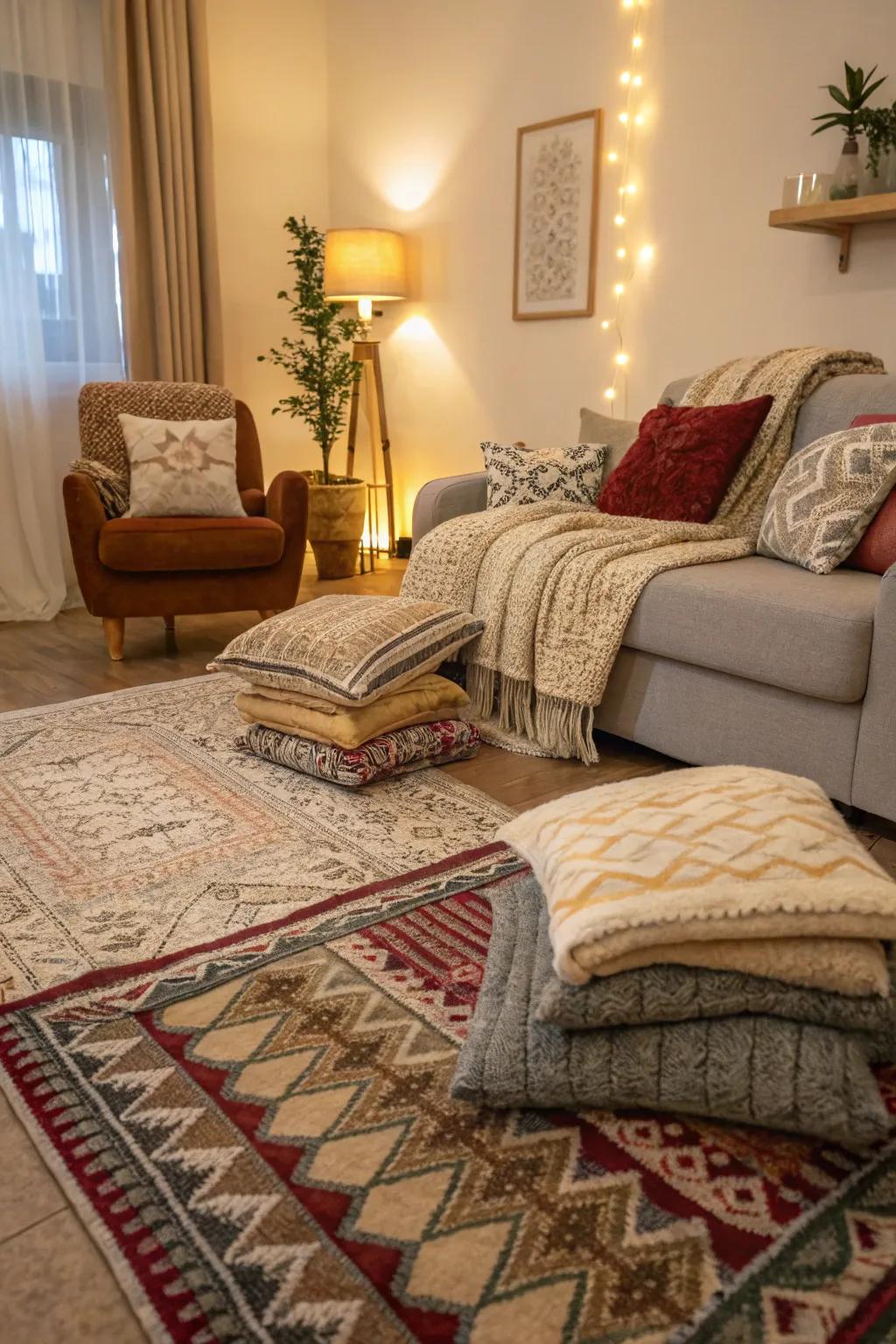 Layered fabrics establish a warm and welcoming living room space.