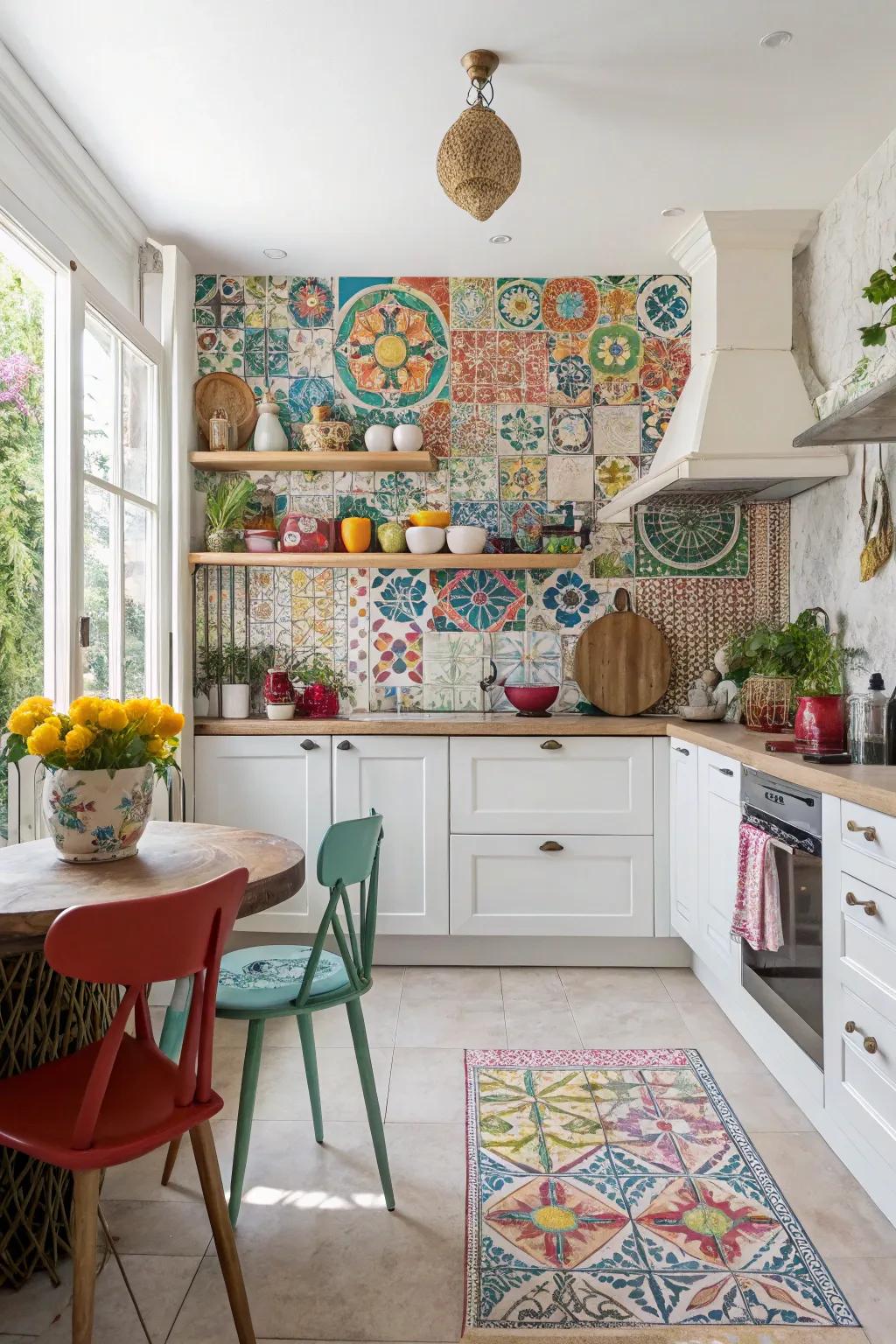 A vibrant kitchen with a colorful arabesque tile backsplash.