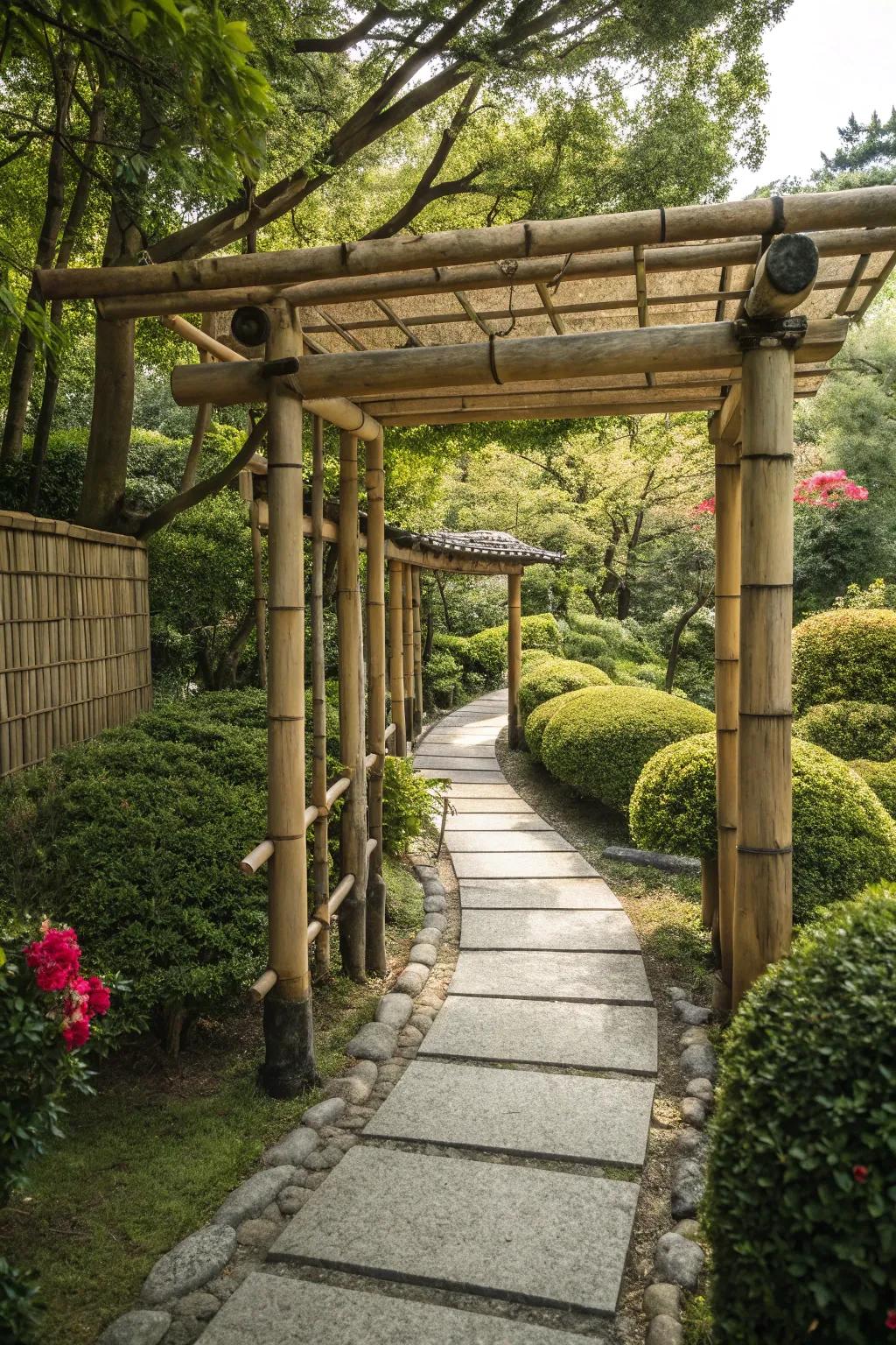 A serene Japanese-inspired arbor crafting a peaceful garden getaway.