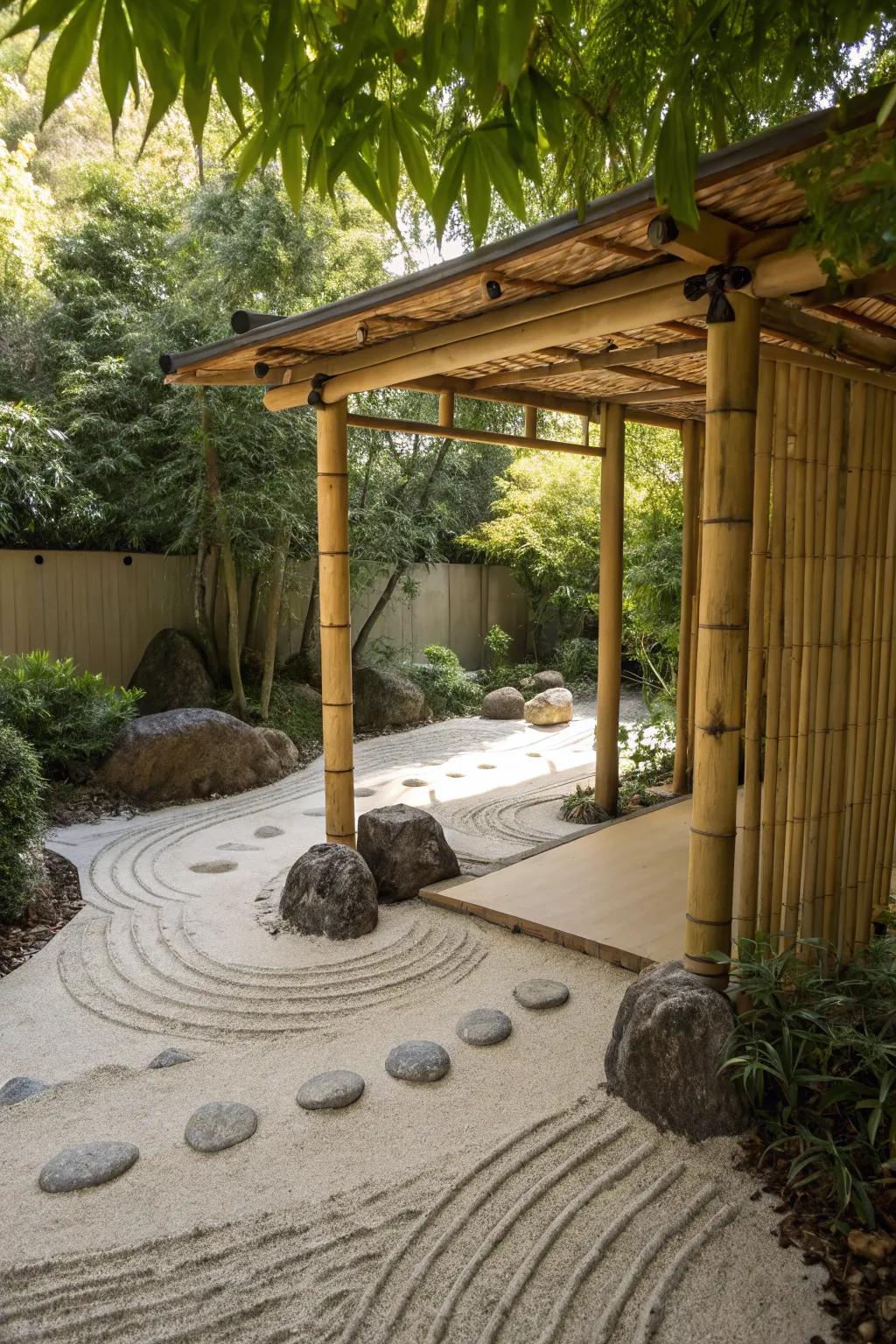 A Japanese-style arbor provides a peaceful escape with its minimalist design.