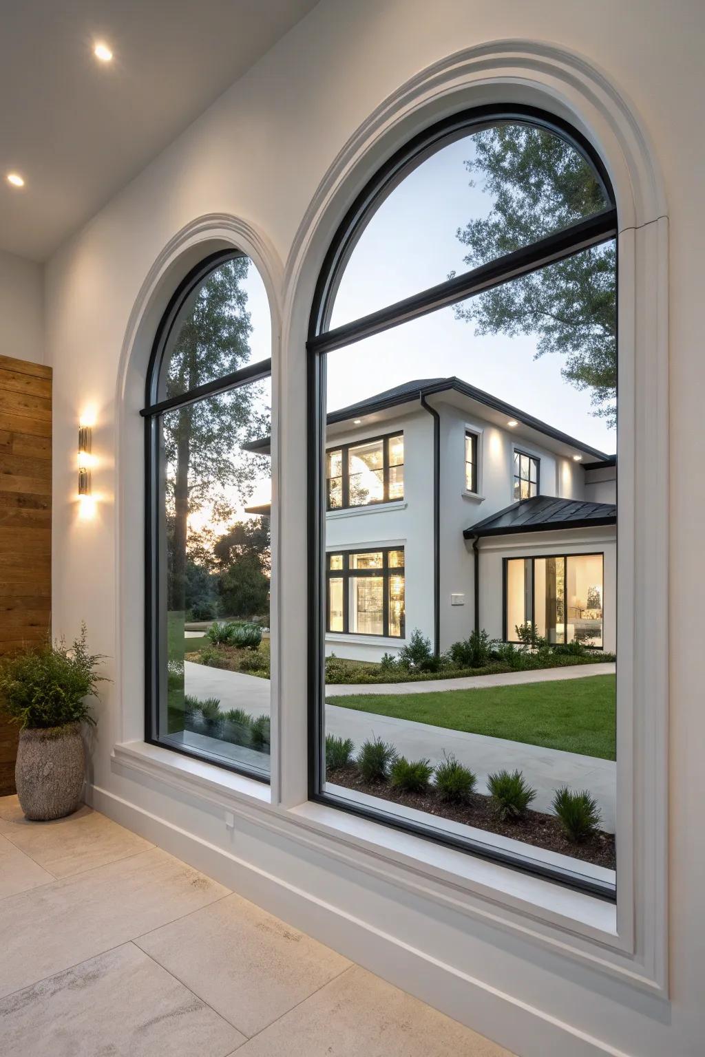 Modern borders give a streamlined, updated look to traditional arch windows.