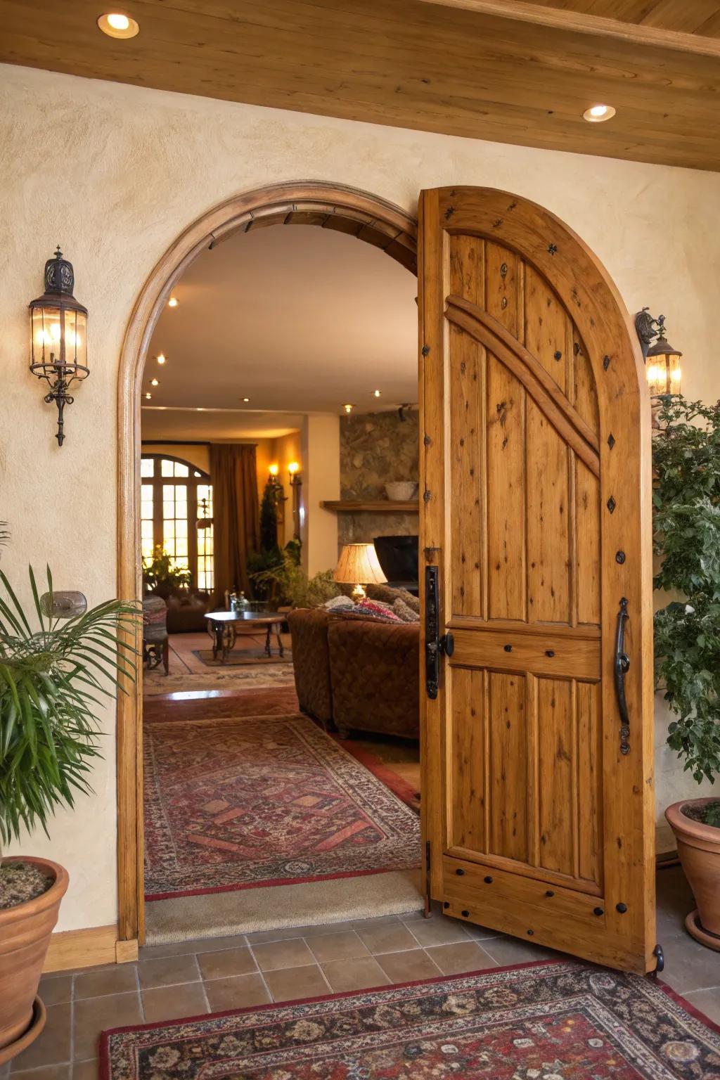 A wooden archway door infusing warmth and texture into a cozy interior.