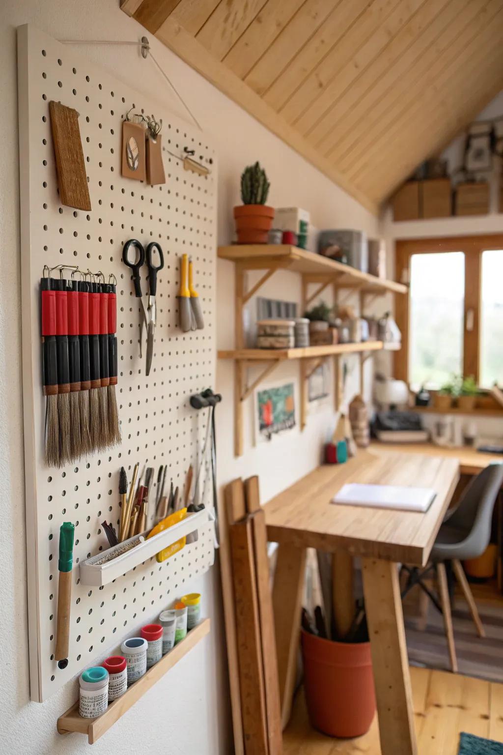 Pegboards are an excellent way to make use of wall space in your art studio.