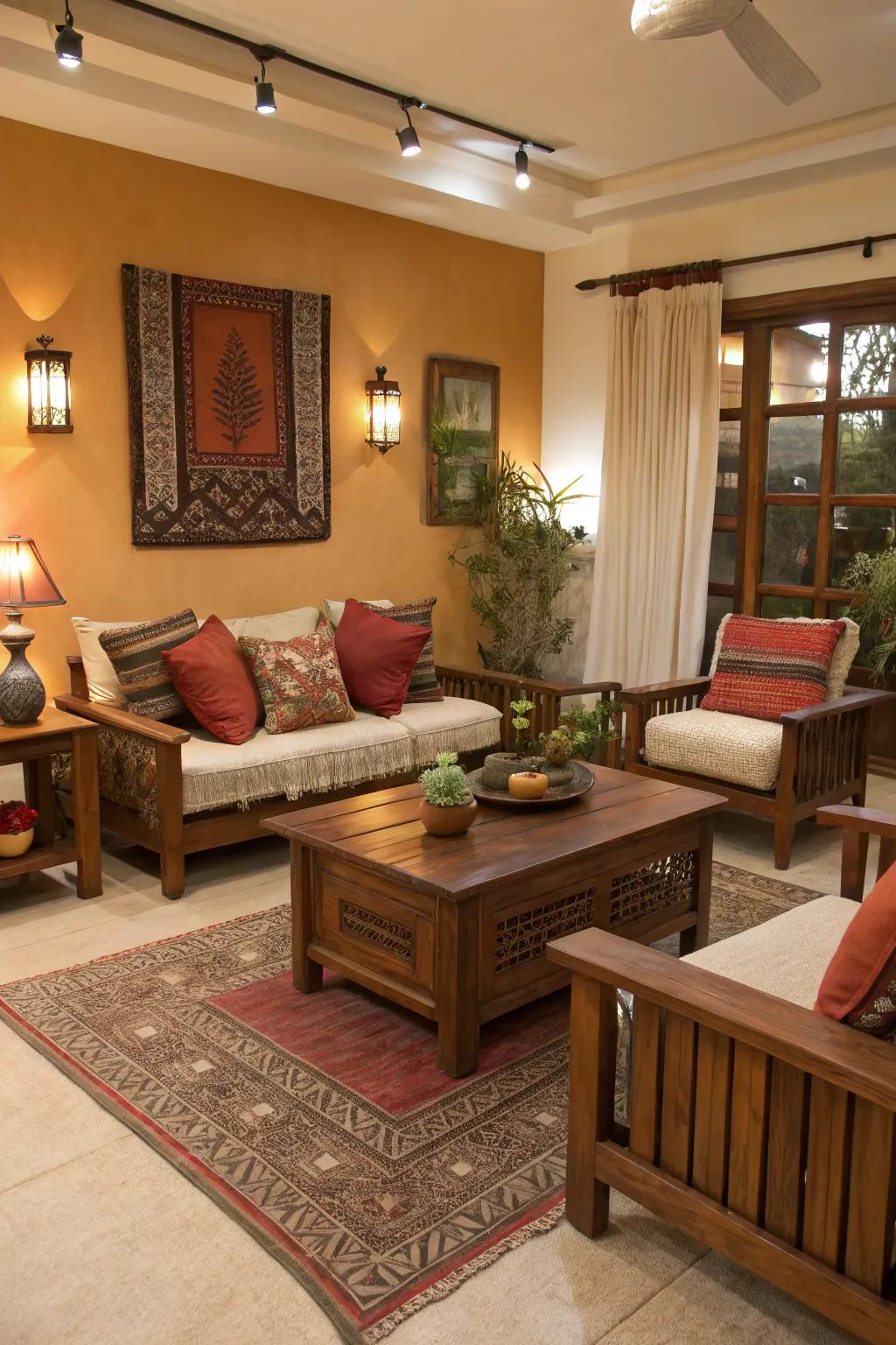 Low timber furnishings encourage a welcoming and cozy atmosphere.