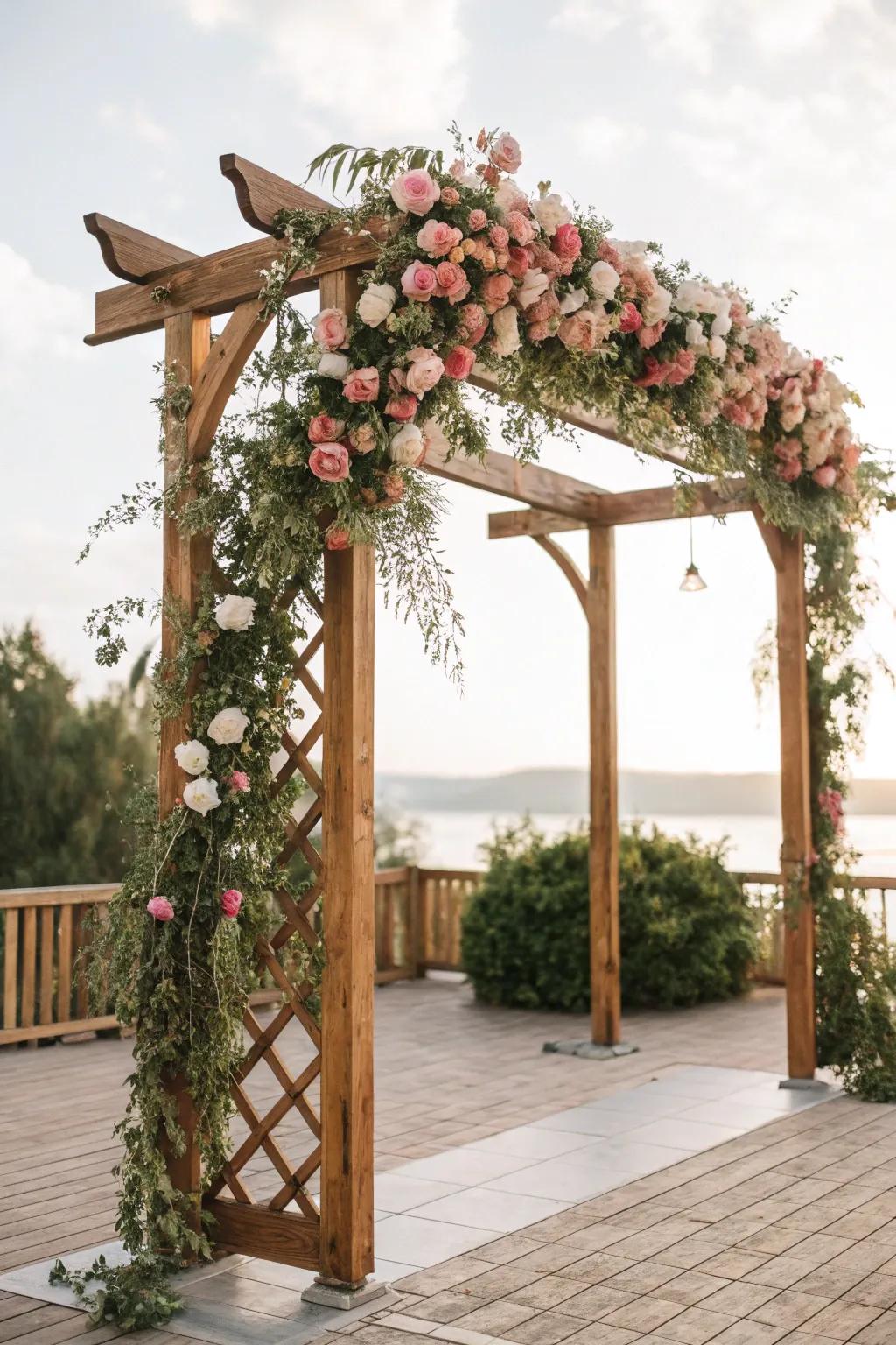 A great wood doorway acts as a background for the ceremony.