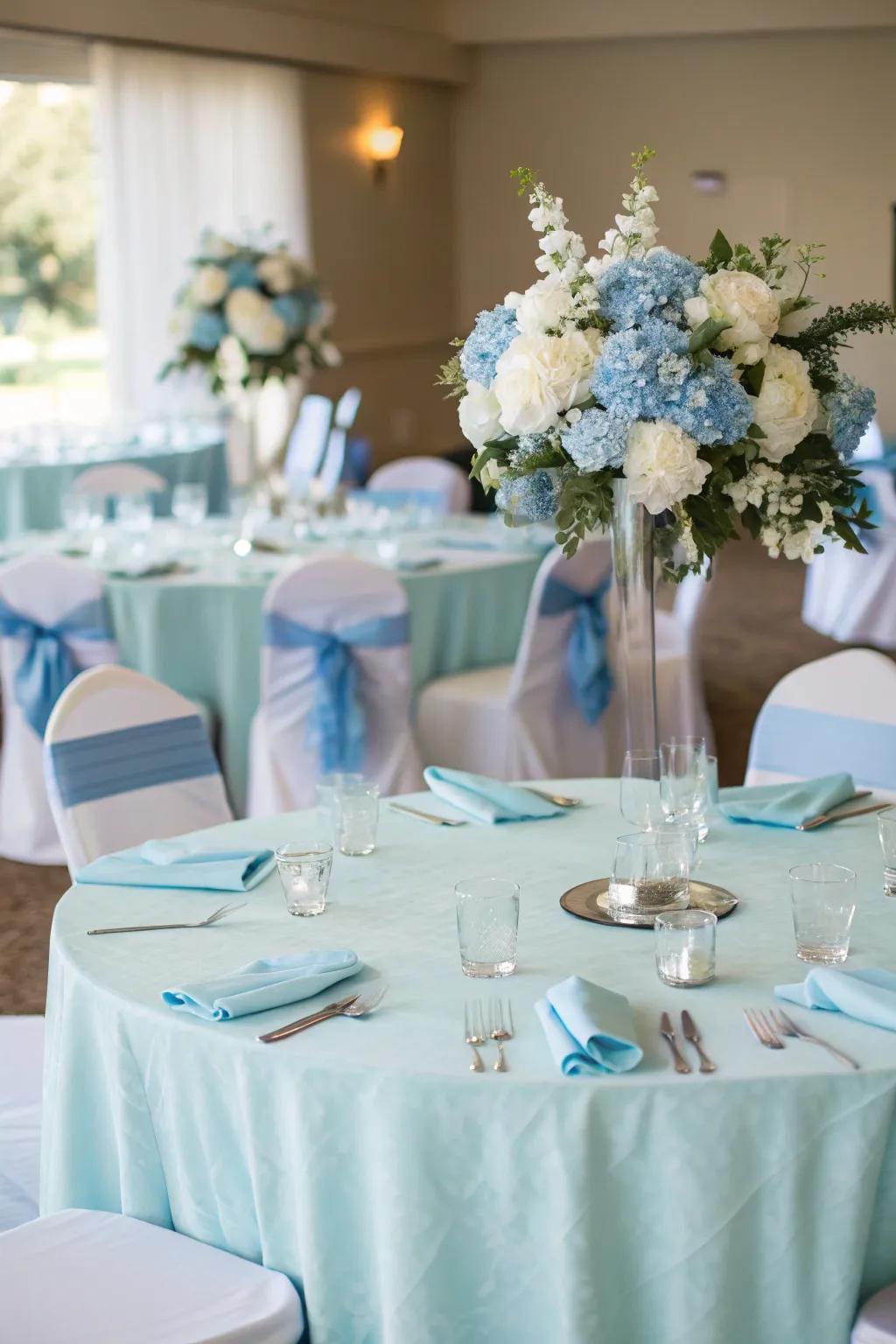 Light azure reception decor creates a unified and elegant theme.