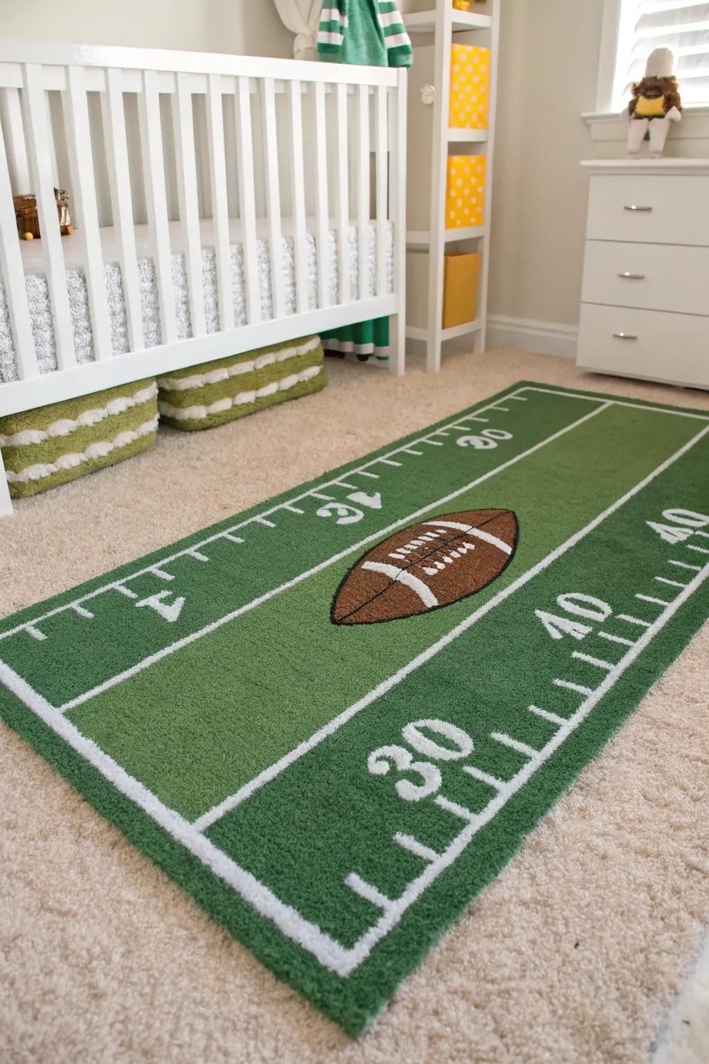 A football field rug introduces a playful base to the nursery's floor.