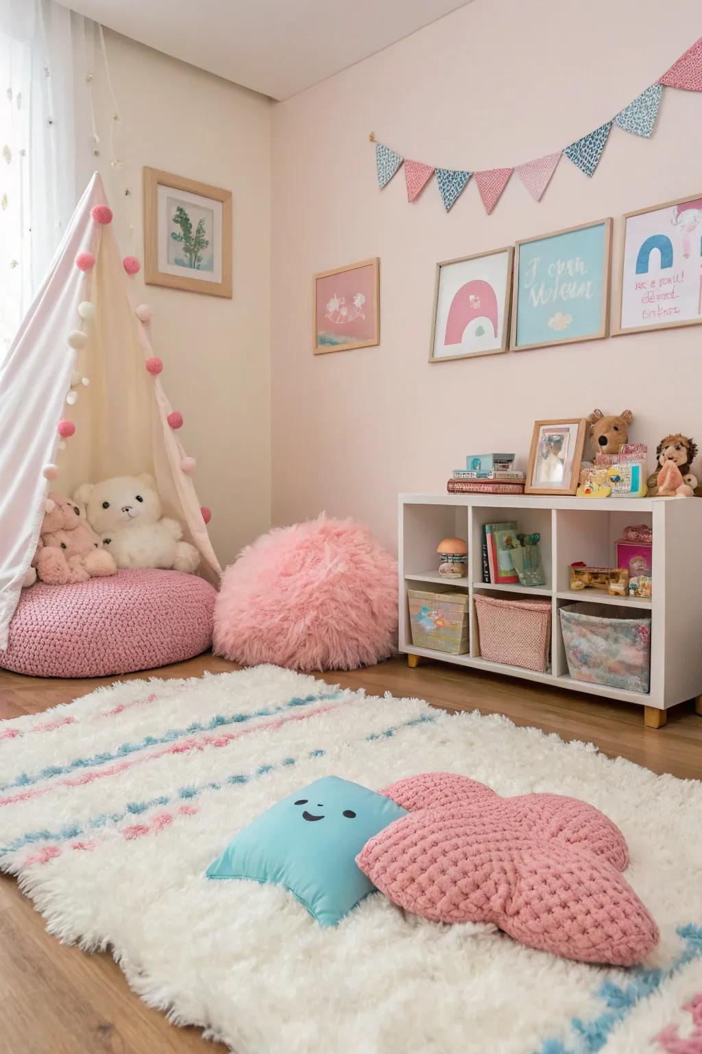 Charming elements add to the space's comfort and appeal.