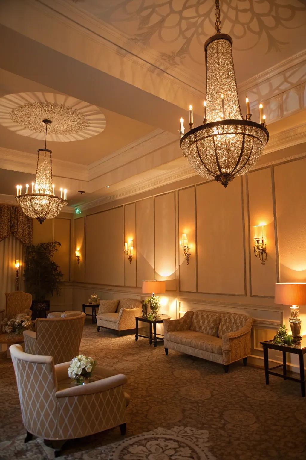 Surrounding illumination from chandeliers introduces a soft glow to the area.