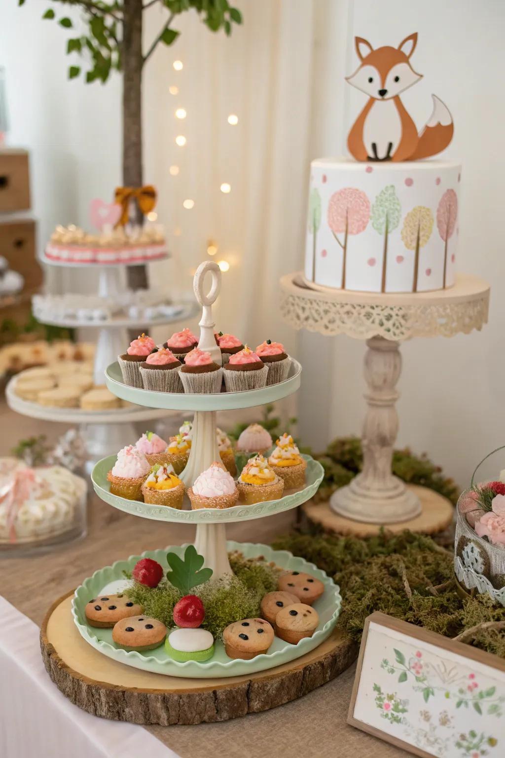 A delightful sweet display with forest-inspired treats forms a captivating focal point.