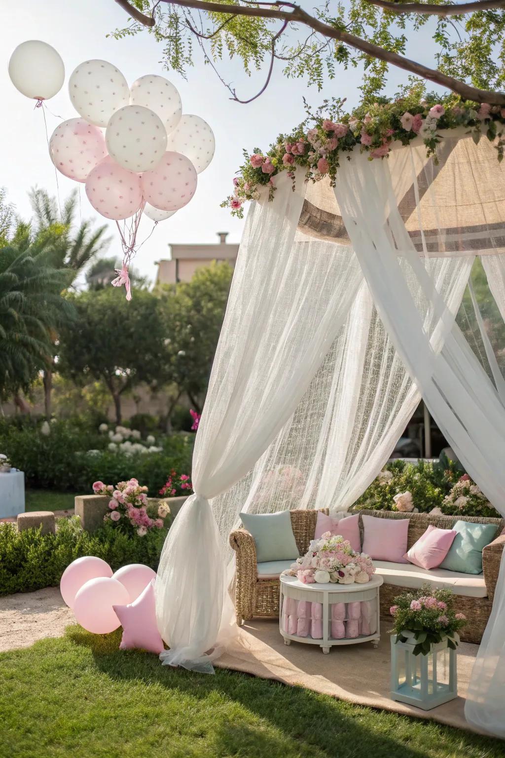 A fanciful canopy created by sheer textile over the seating area.