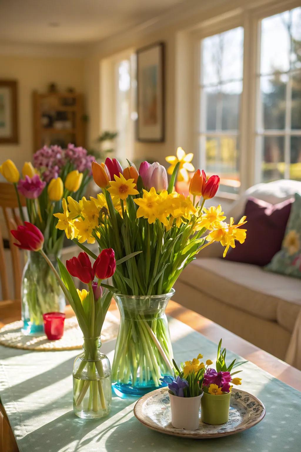 Spring flowers adding a fresh touch to Easter decor.