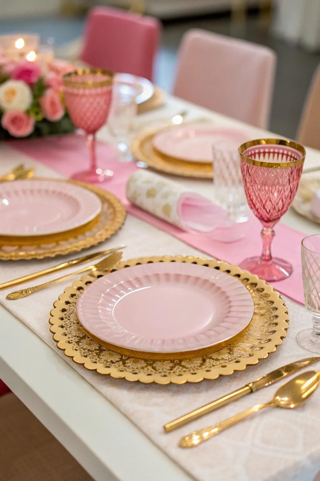 An elegant table arrangement showcasing coordinating rose and gold tableware.