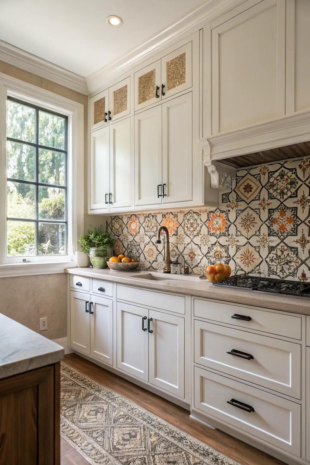 Arabesque tiles add pattern and depth to a sleek white kitchen.
