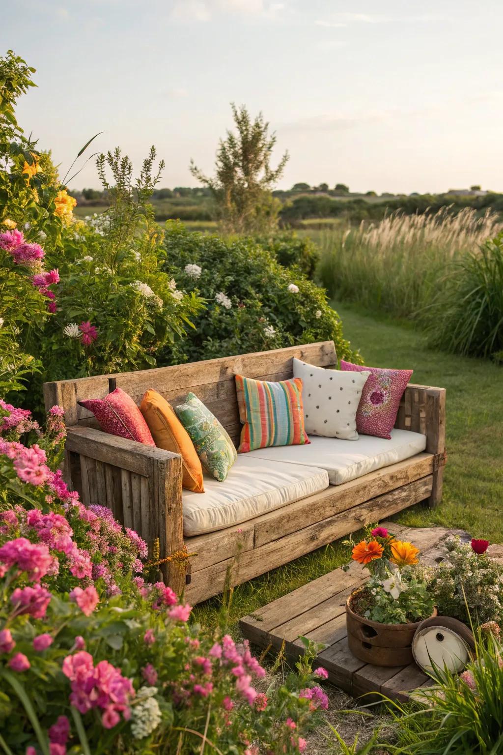 Timber couches contribute rustic charm to any backyard.