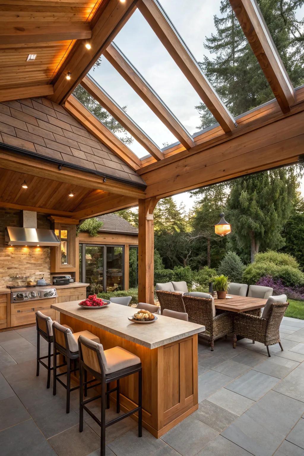 A cedar covering with light wells enhances the natural appeal of your outdoor cooking area.