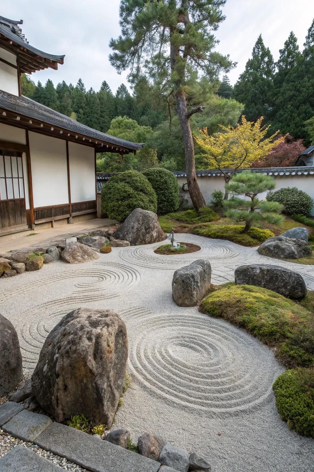 Discover peace in a Zen garden featuring crushed rock fines and calming design features.