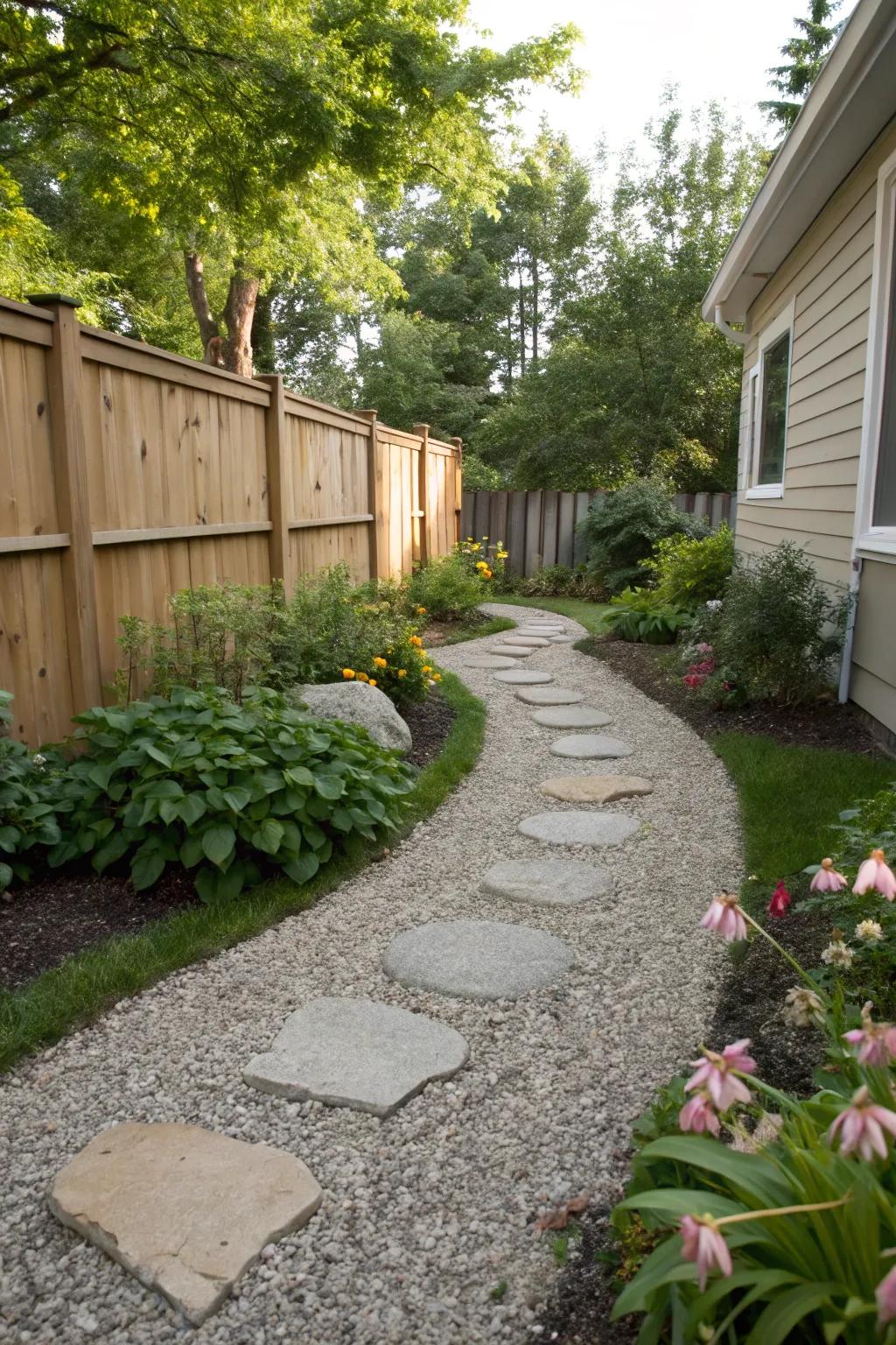 A gravel walkway assists in regulating water runoff in the backyard.
