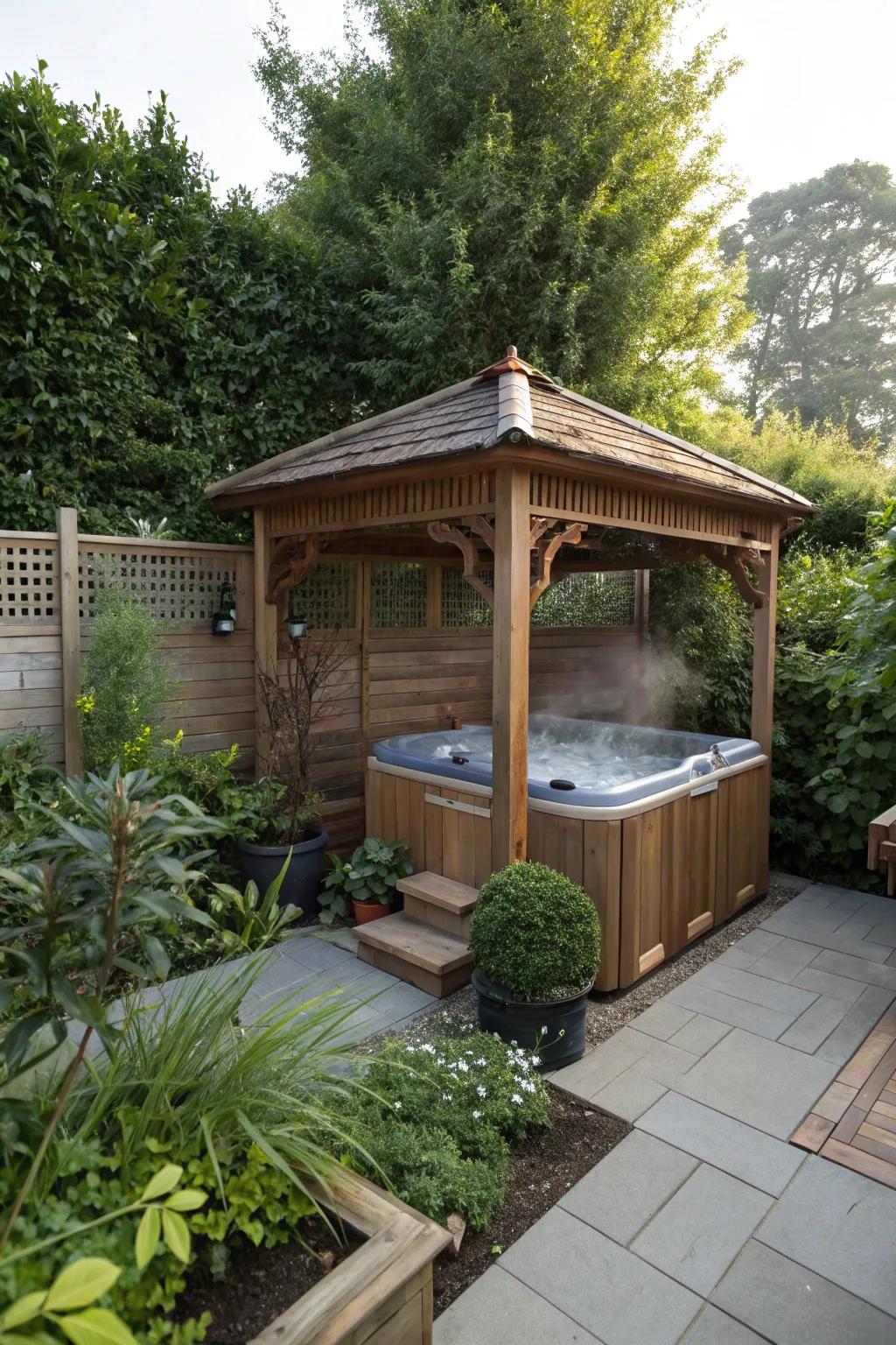 A gazebo transforms your hot tub area into a secluded, all-weather retreat.