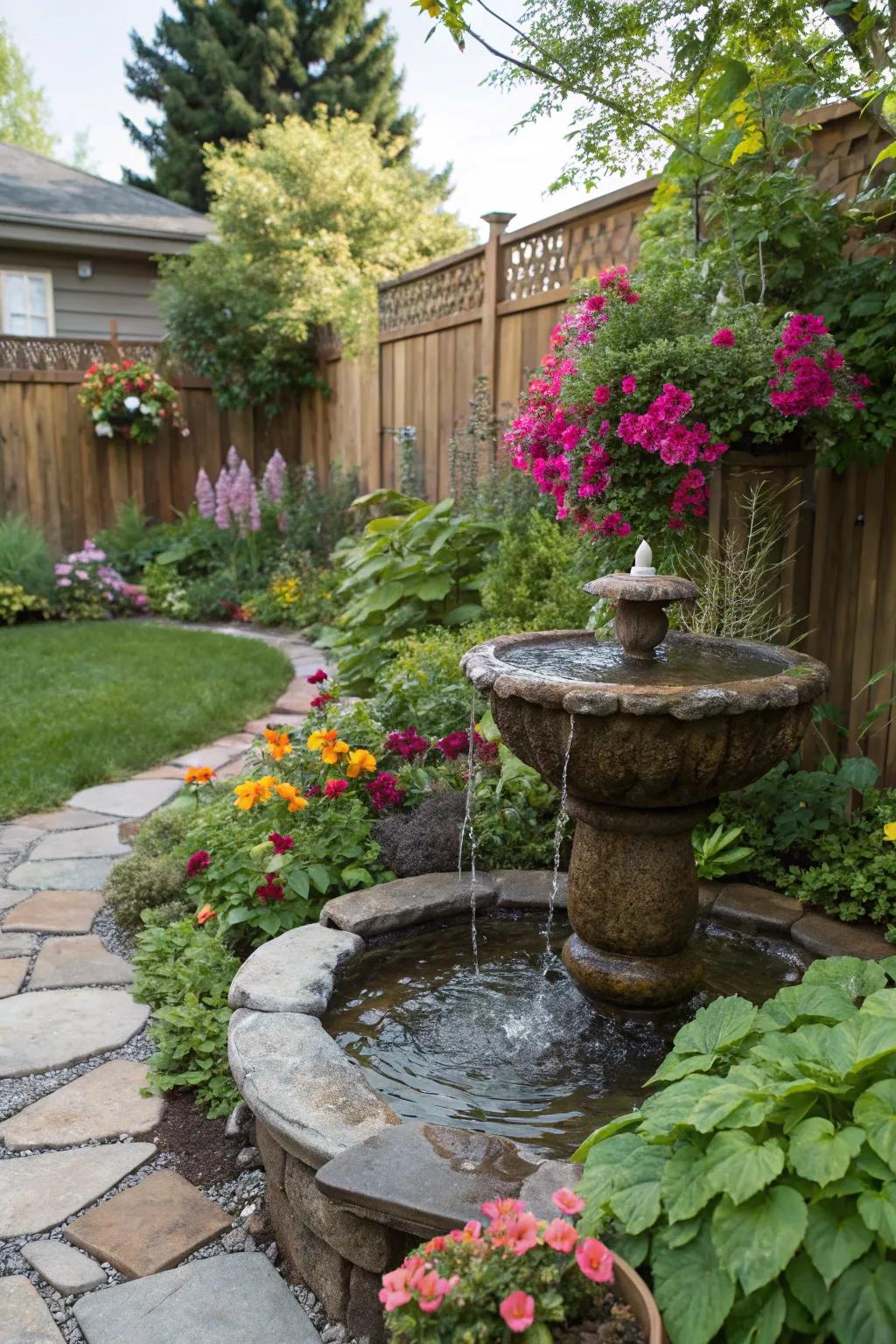 A serene bespoke water feature contributes calming sounds to your garden.