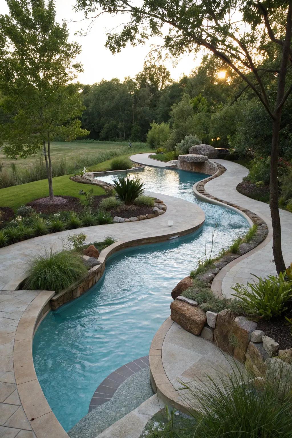 A uniquely shaped lazy river pool that emulates nature's curves.