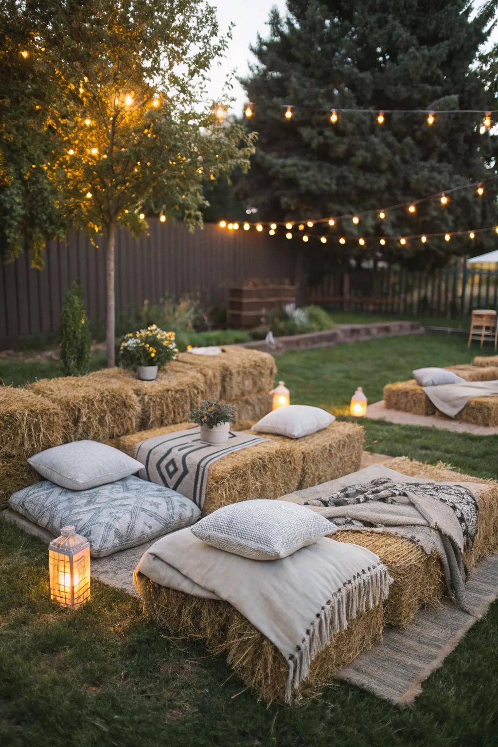 Hay bales provide a charming, rustic ambiance to your backyard movie experience.
