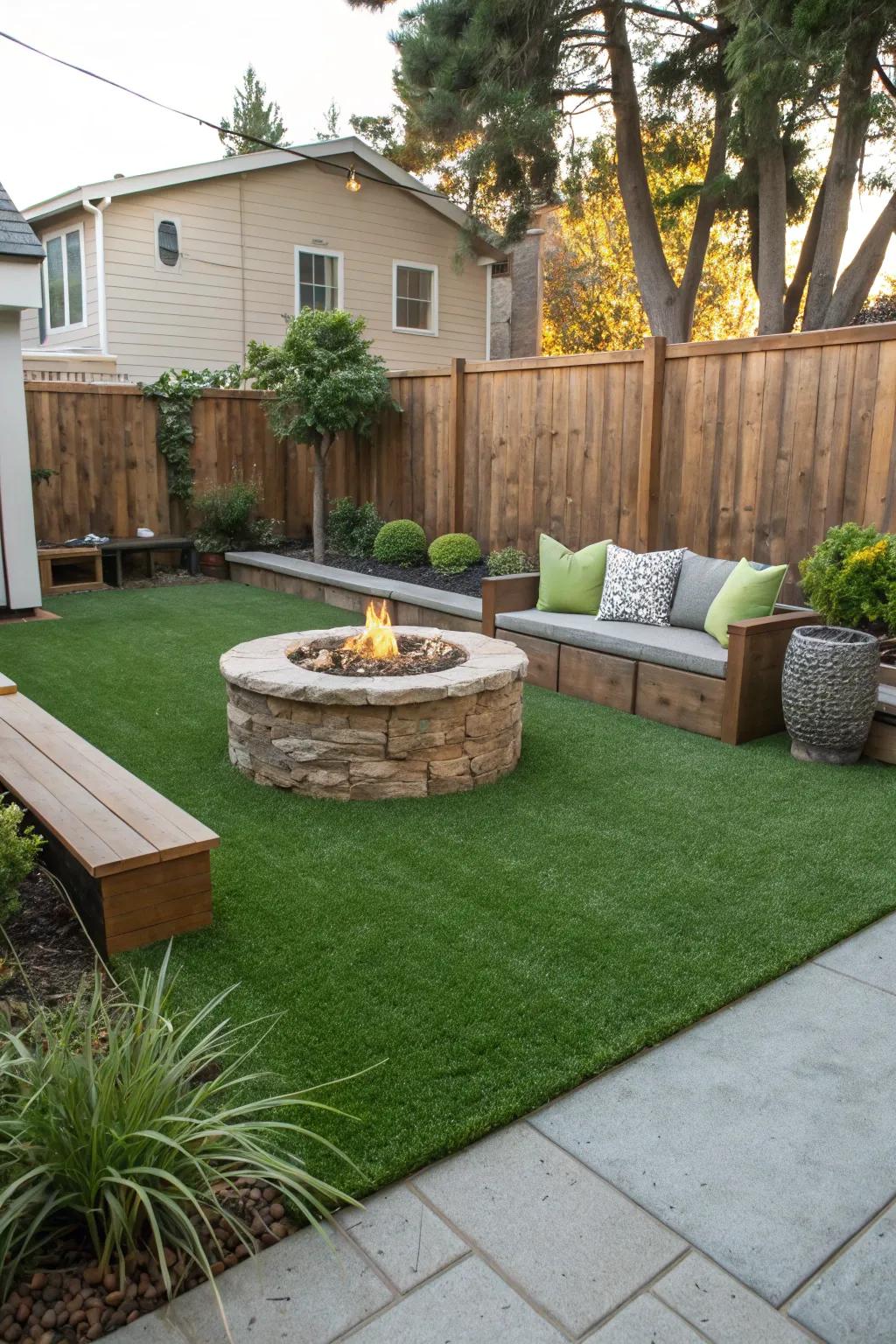A cozy fire feature surrounded by lush artificial lawn.
