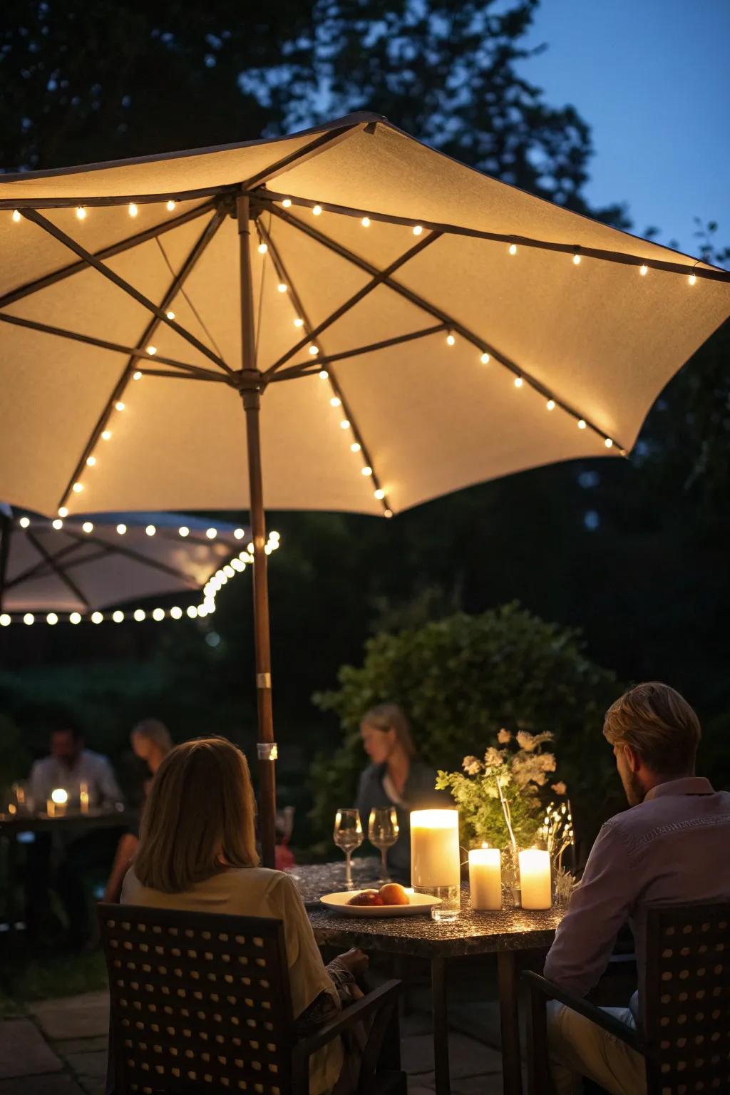 A patio umbrella with built-in lights creates an evening ambiance.