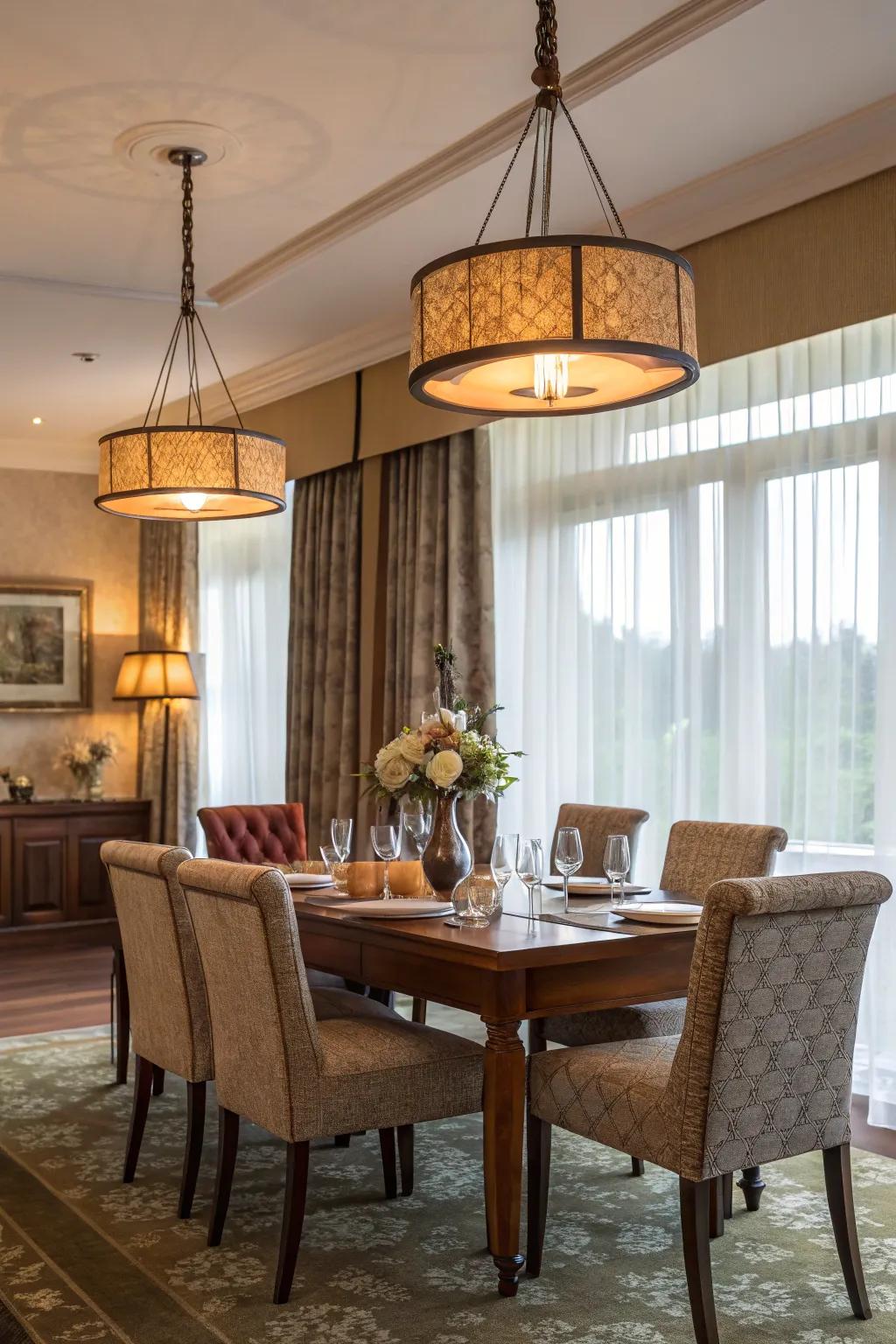 A dining space featuring dangerously low hanging light fixtures.