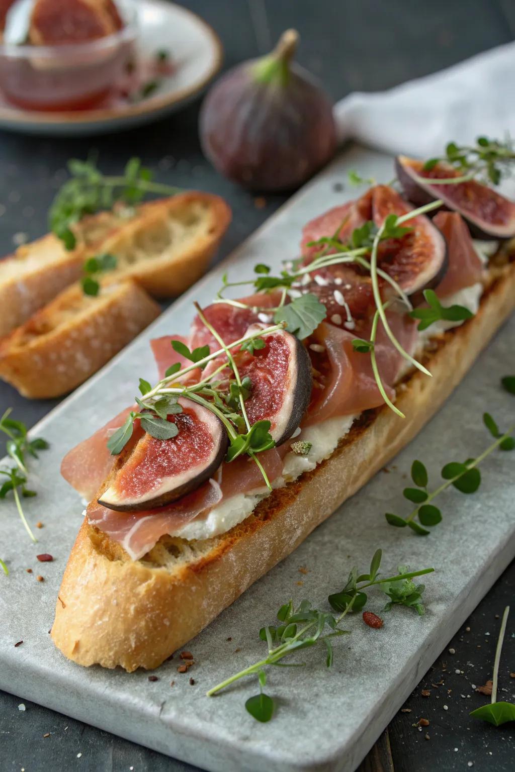 An elegant composition of figs and prosciutto on a French loaf.