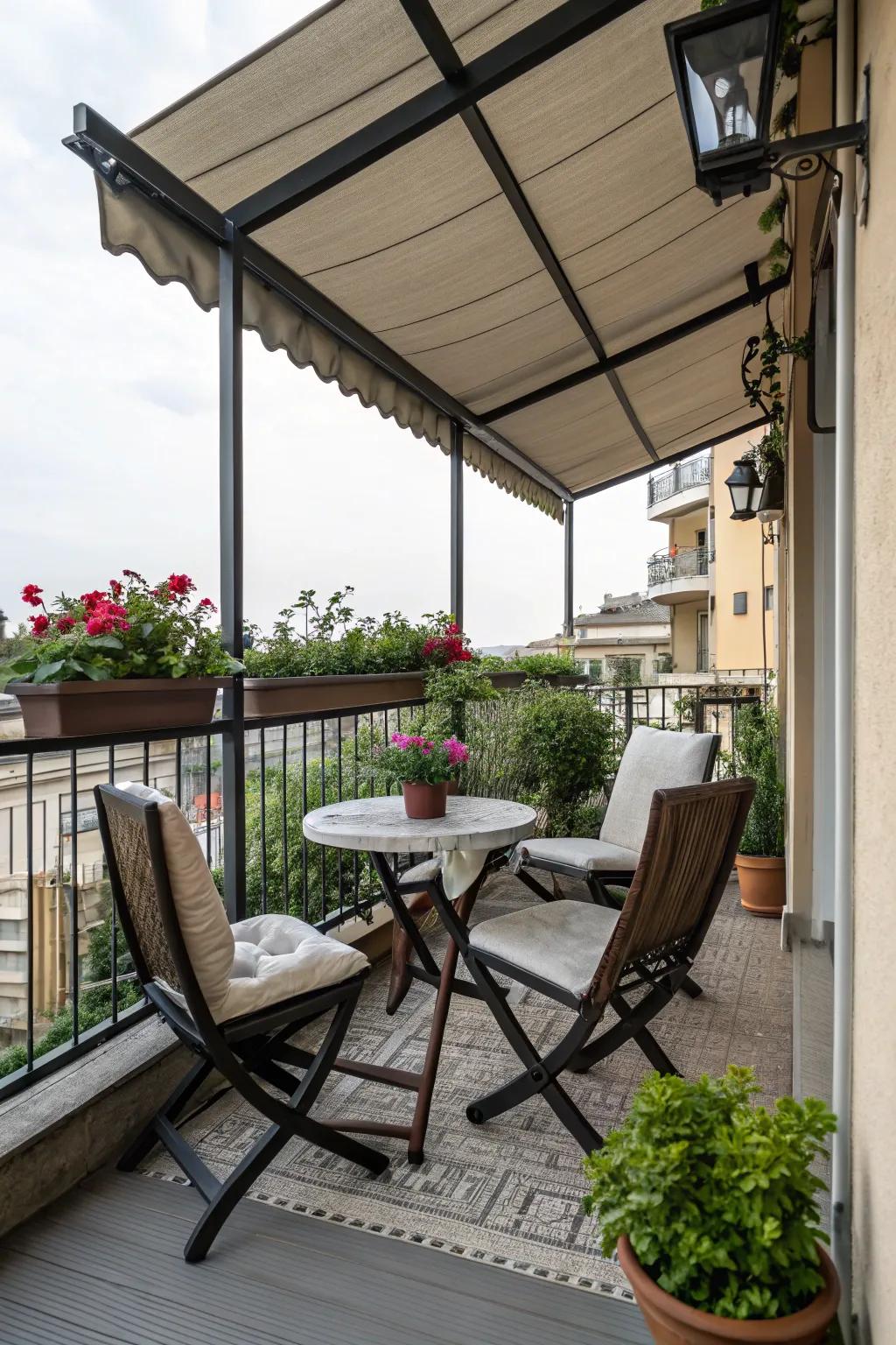Inviting outdoor seating under a cool, shaded balcony space.