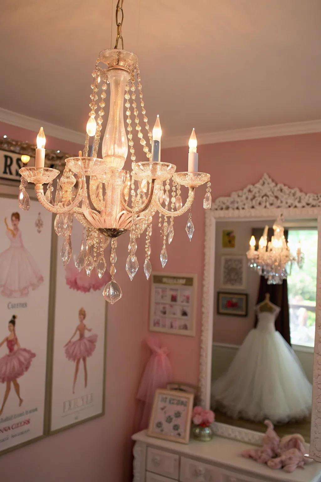 A light fixture enhances the room's elegance with its soft glow.