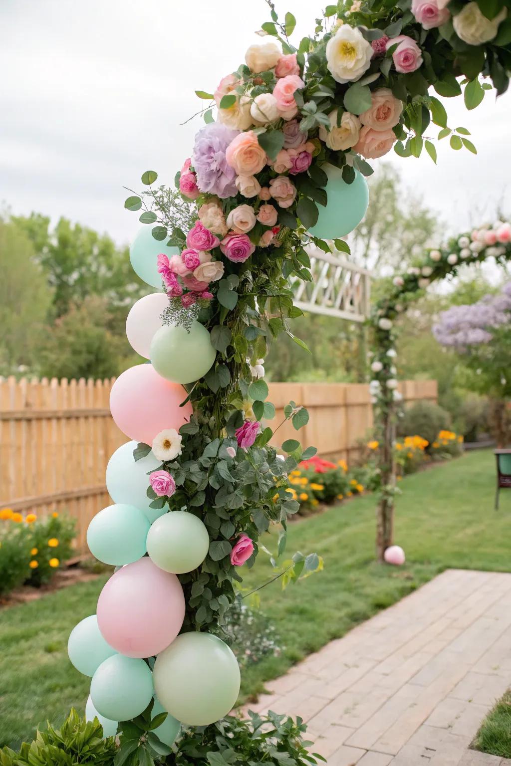 Garden chic balloon garland utilizing natural features.