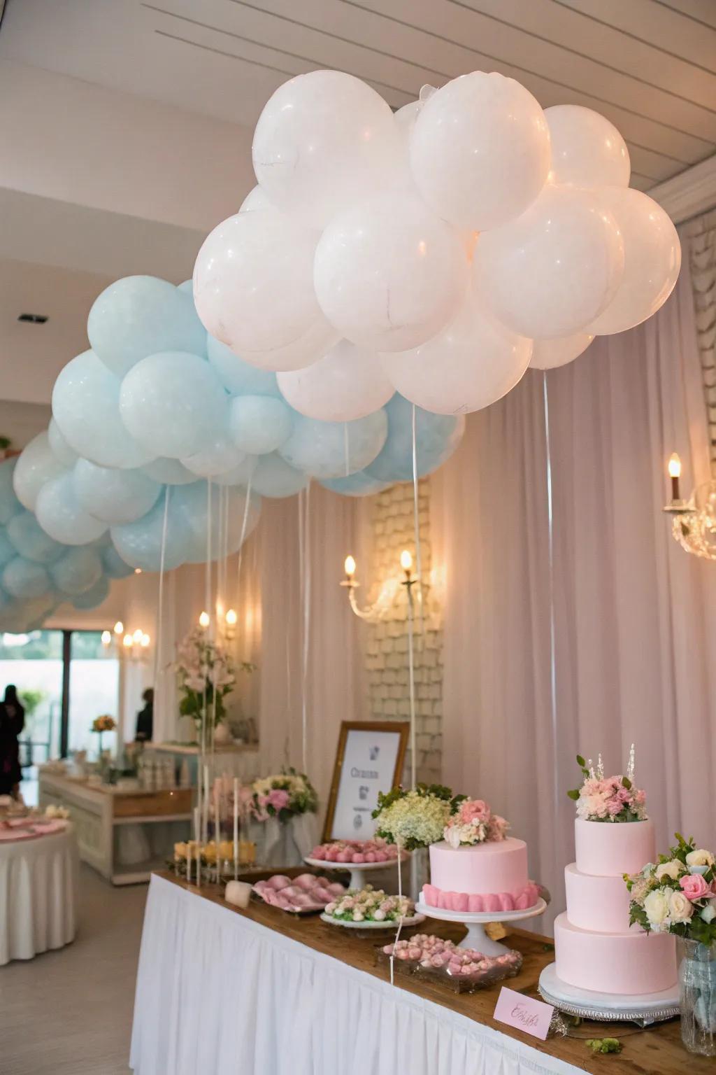 Soaring nimbus balloons create a dreamy setting above the celebration.