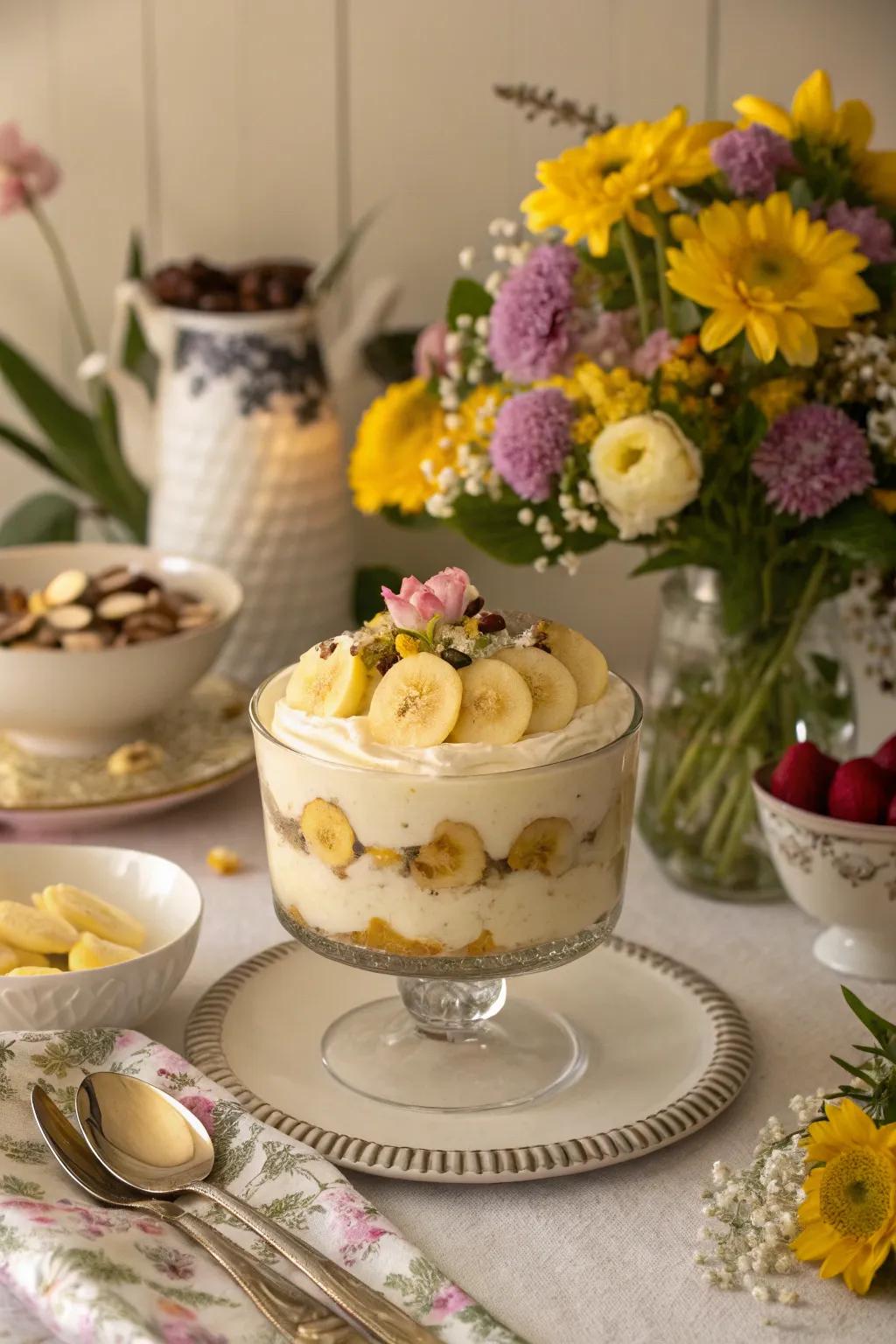 Fresh blossoms bring a lovely and organic element to banana pudding.