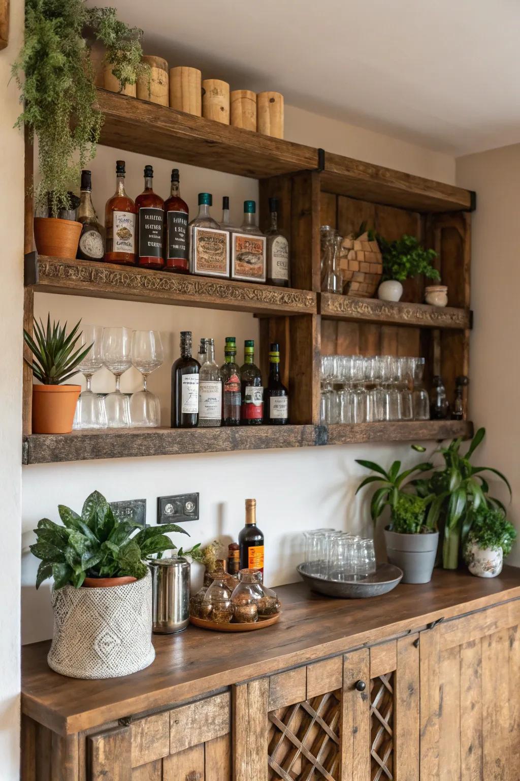 Distinctive reclaimed wood shelves provide individuality to your bar.