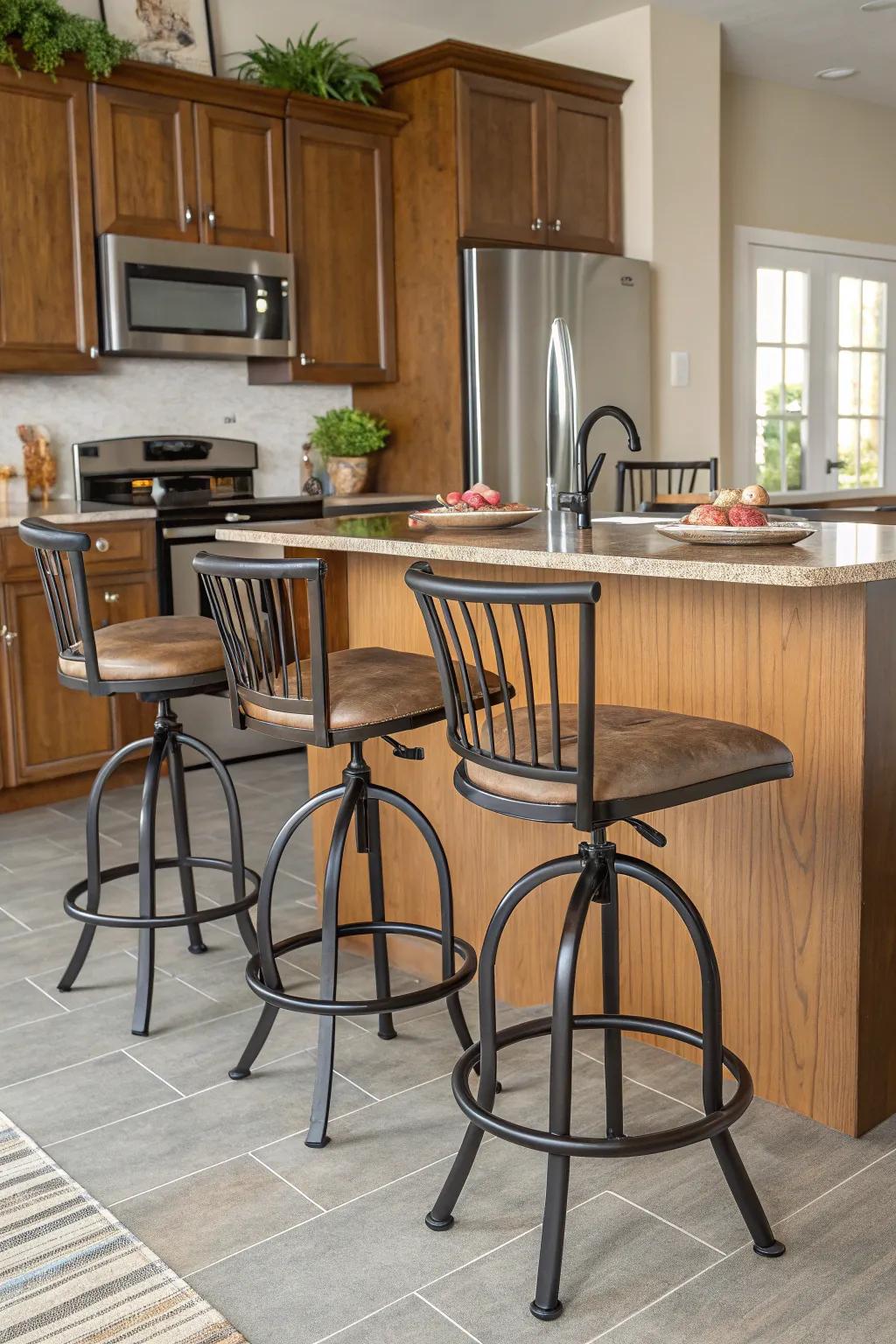 Height adjustable bar stools enabling versatile seating.