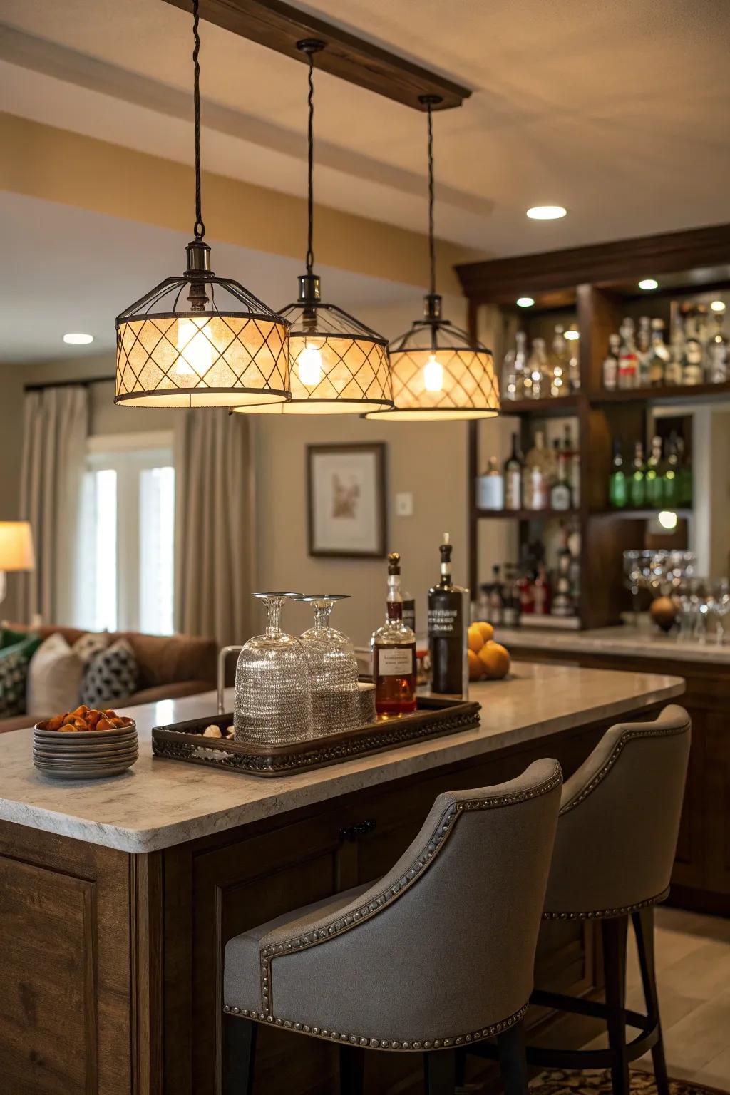 Elegant home bar table accentuated with ambient lighting.