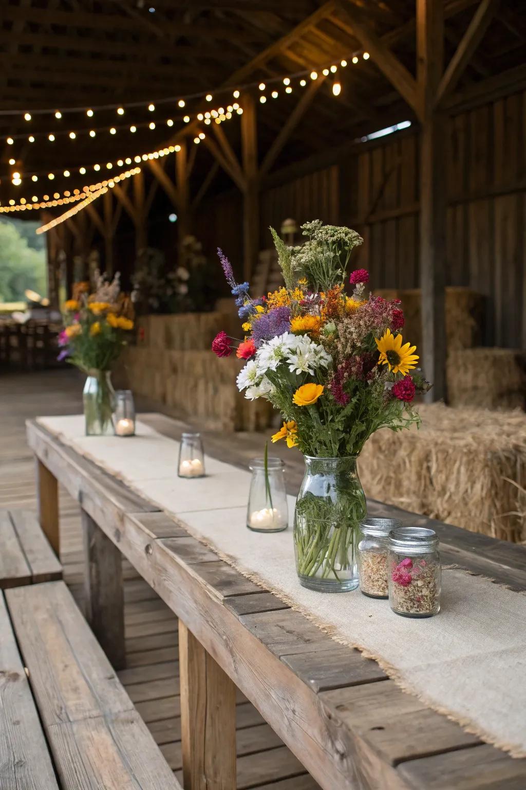 Floral compositions contribute an explosion of vibrancy to barn decor.
