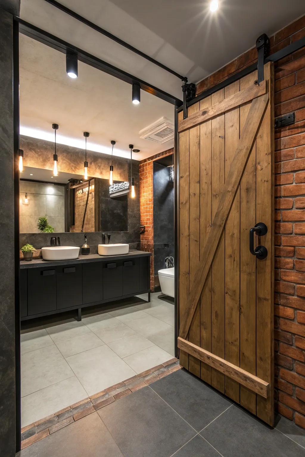 Bold black fixtures introduce an industrial advantage to a chic bathroom.