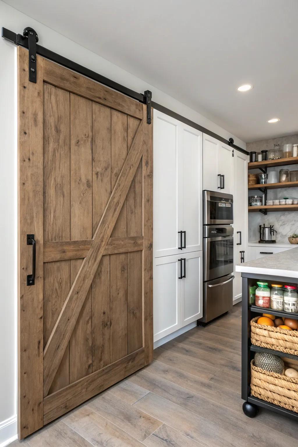 A kitchen featuring a sliding barn door pantry with minimalist black hardware.