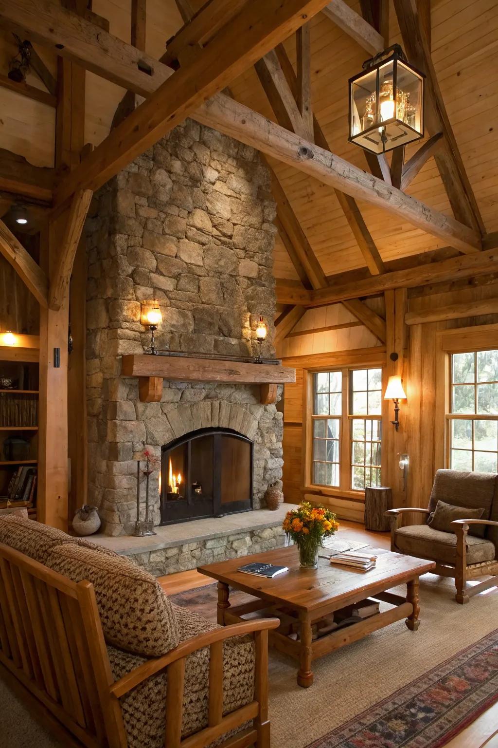 A comfortable living room centered around a country-style stone hearth.